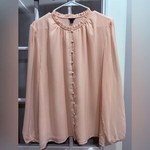 Ann Taylor Romantic Blush Chiffon Blouse w/ Ruffle Neck & Covered Buttons | L